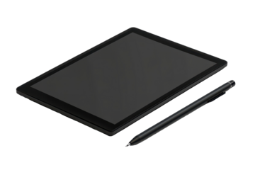 Digital tablet and stylus, rendered in a grayscale color scheme.