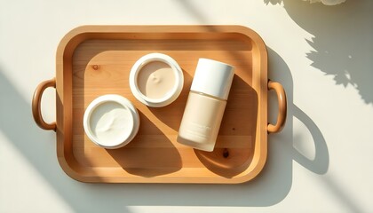 top view of different cosmetic containers on wooden tray on white