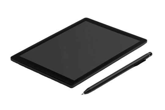 Digital tablet and stylus, rendered in a grayscale color scheme.