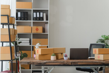 Home Office Workspace with Shipping Boxes