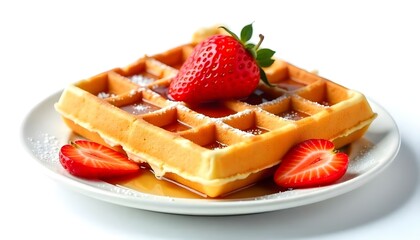 viennese waffles with strawberry and sweet syrup isolated on white background