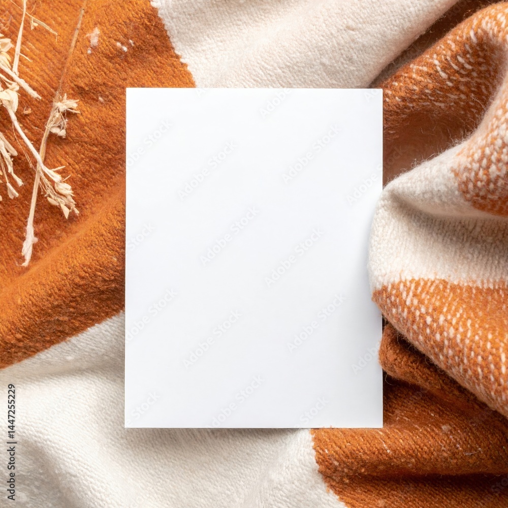 Poster A pristine sheet of blank paper rests on a cozy blanket adorned with vibrant orange and soft white patterns, creating a warm and inviting scene.
