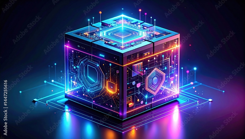 Poster a futuristic computer cube adorned with vibrant neon lights, showcasing intricate electronic circuit