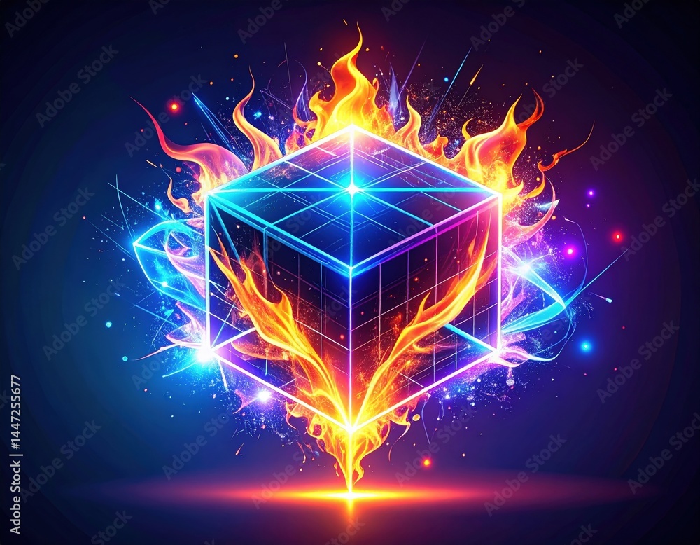 Poster a luminous cube radiates warmth, surrounded by flickering flames and vibrant sparks, creating a capt
