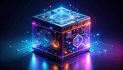 Fototapeta premium A futuristic computer cube adorned with vibrant neon lights, showcasing intricate electronic circuits that glow, creating a mesmerizing tech-inspired ambiance.