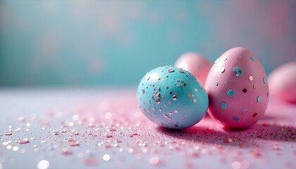 easter eggs on pink background with copy space