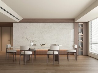 Empty dining table with white chairs from front view. Modern interior design. Glossy marble wall, ceramic table and six comfy chairs. 3D Illustrations. 3D Render