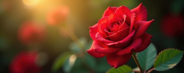 Sunlight kisses crimson velvet rose, morning dew, petal, details