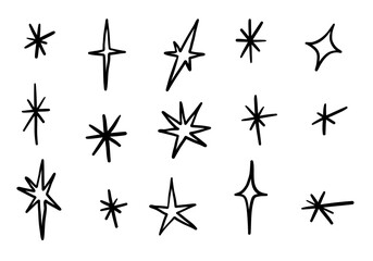 Hand Drawn Twinkle And Sparkle Icon. A bright collection of 15 hand drawn twinkle and sparkle icons in various forms including stars bursts curves point and more. Perfect for decorative design element
