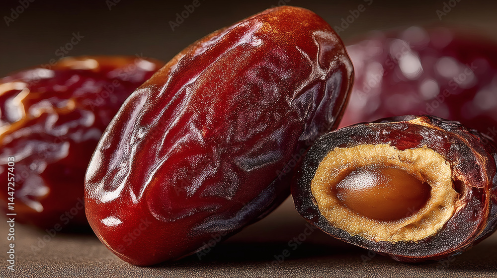 Poster close-up of fresh dates with soft flesh and hard stone inside