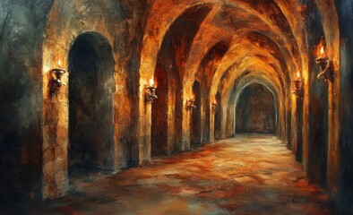 Fototapeta premium Mysterious Stone Corridor with Flickering Candlelight
