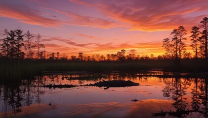 Obraz premium Alligator silhouetted against vibrant sunset over swamp , plant life, animal photography, florida