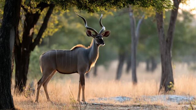 This stunning image captures a majestic male kudu standing elegantly among trees, showcasing its impressive horns, slender physique, and graceful presence in the wild.
