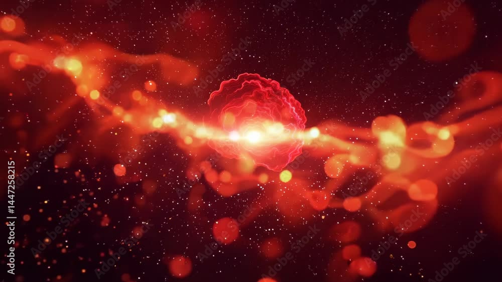Poster mesmerizing journey through a red galaxy with swirling particles and bokeh lights in 4k animation