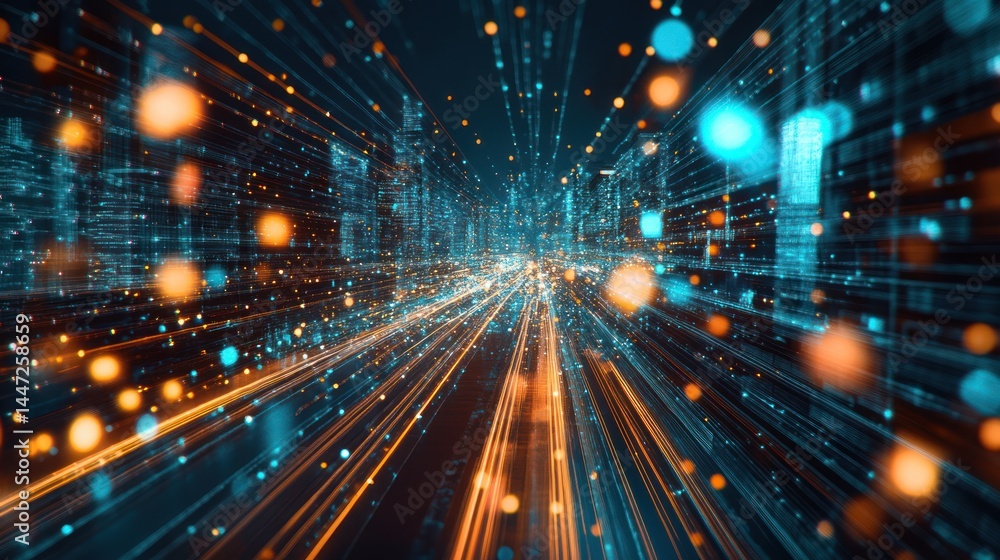 Poster futuristic cityscape with glowing data streams and digital architecture
