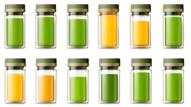 Realistic Illustration Transparent Bottles Set Green Yellow Isolated Background