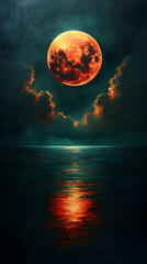 Fiery full moon ascends over dark still ocean casting fiery reflection Clouds are tinged with orange hues