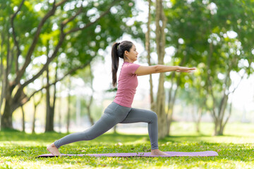Fototapeta premium Woman Practicing Yoga in Green Park