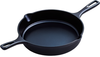 A well-used cast iron skillet shows its simple yet effective design against black background.
