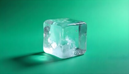 A clear, transparent ice cube resting on a polished emerald gemstone surface, studio lighting, high contrast.