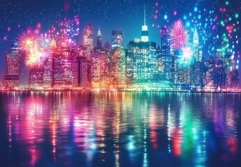 Fototapeta premium Night Cityscape with Vibrant Fireworks Display and Water Reflection