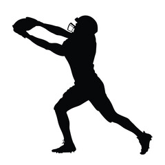 Silhouette of an American football player in helmet catching a ball mid-air, isolated on white background, dynamic sports action pose illustration

