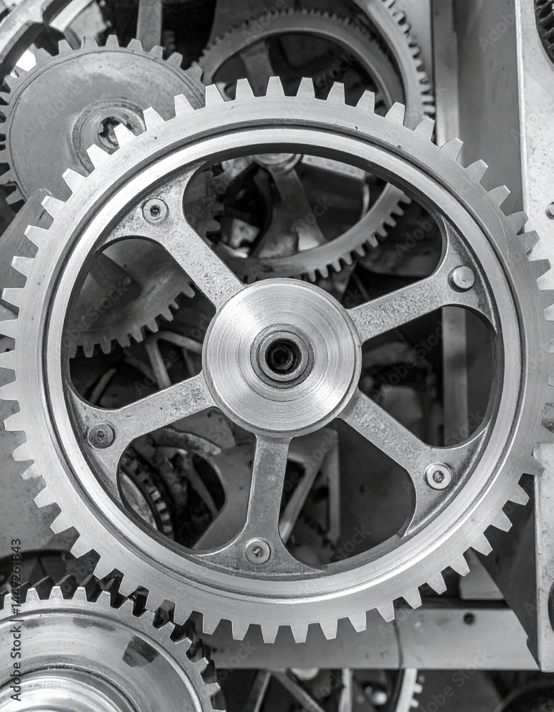 Poster a detailed close-up of interlocking gears and wheels, showcasing intricate metal textures, varying s