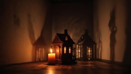 Naklejka premium Lone candle casts dancing shadows, creating a haunted house atmosphere , dark, light, thriller