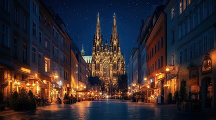 A towering Gothic cathedral illuminated by moonlight, casting long shadows across cobblestone streets. -