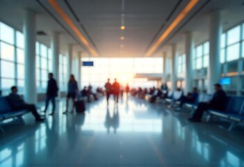 Generative AI, Airport Terminal Blur with People, Waiting Area and Sunlight