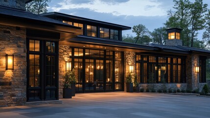 Fototapeta premium Luxurious stone house glowing warmly at twilight