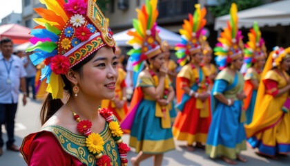Fototapeta premium A group of women in vibrant, traditional costumes and colorful feathered headdresses participate in a lively street parade.