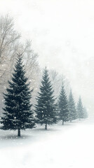 Snowy winter scene with dark evergreens lined up