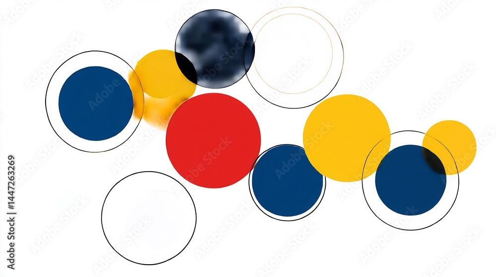 Poster dynamically designed abstract artwork with vibrant spheres and translucent circles