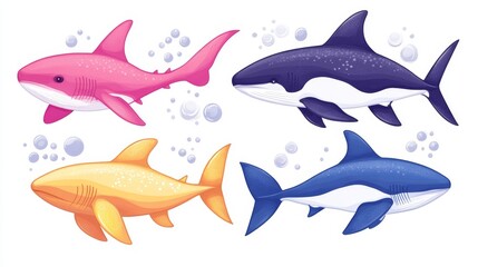 Fototapeta premium Pixelated shark group colored in yellow blue pink and purple playful ocean life concept pixel art sharks family underwater marine biodiversity graphic