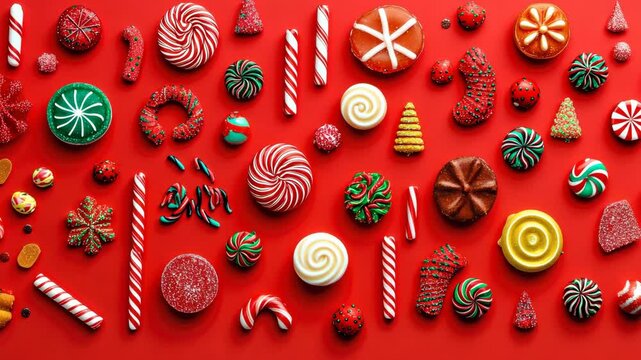 Festive candy explosion: colorful patterns and movement on a vibrant red background