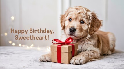 birthday card mockup, dog portrait, puppy with gift box, golden retriever puppy, photorealistic