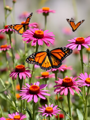 Fototapeta premium Monarch butterflies flit among vibrant wildflowers