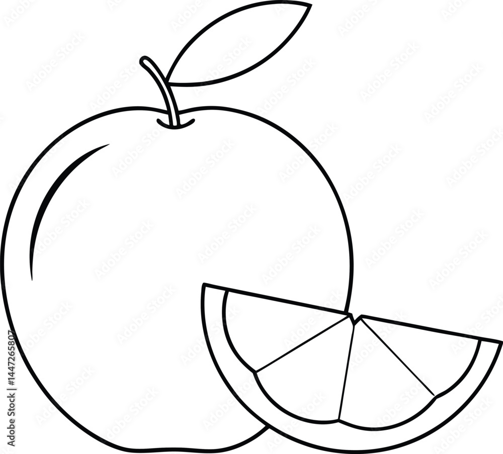 Poster orange fruit whole and sliced segment drawn in continuous line style for minimalist food art citrus 