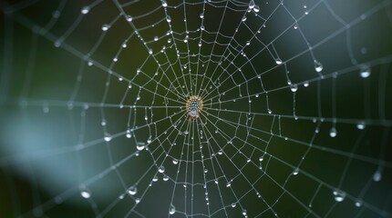 Fototapeta premium Delicate spiderweb glistening with dewdrops creates an intricate, ethereal, and captivating scene.