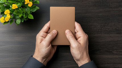 Closeup of hands holding brown notebook on dark wooden table with yellow flowers nearby, showing calm and focus