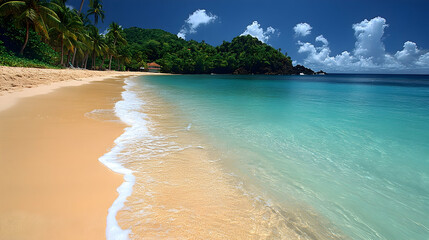 Pristine beach with turquoise water and lush tropical foliage.  Gentle waves lap the golden sand, creating a tranquil scene