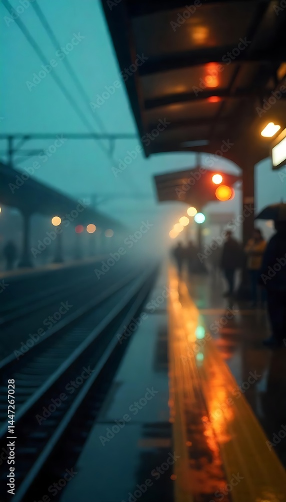 Poster generative ai, moody train station platform scene with fog and blurred figures