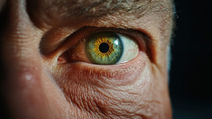 Green eye closeup with detailed skin texture and wrinkles showing natural aging and intense eye contact