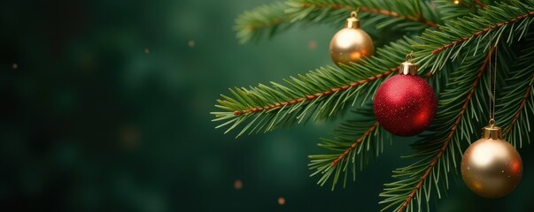 Deep green pine branch draped with gleaming gold, crimson, and pearly white ornaments , yuletide, macro, pine