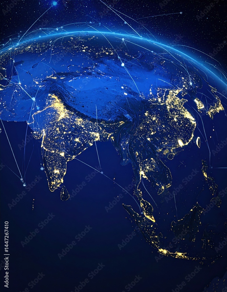 Poster a detailed view of earth showcasing a vibrant network of interconnected lines, symbolizing global co