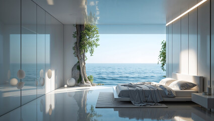 Contemporary bedroom interior with ocean view and natural elements for serene living