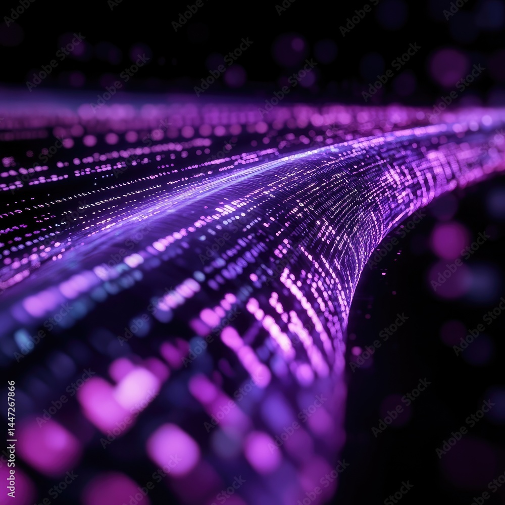 Poster abstract digital network a stream of data flows through a space filled with glowing, vibrant purple 