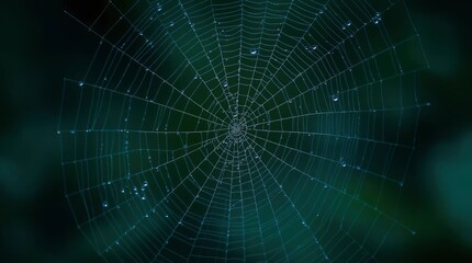 Fototapeta premium Delicate spiderweb glistening with morning dew, illuminated by soft light, creating a serene scene.