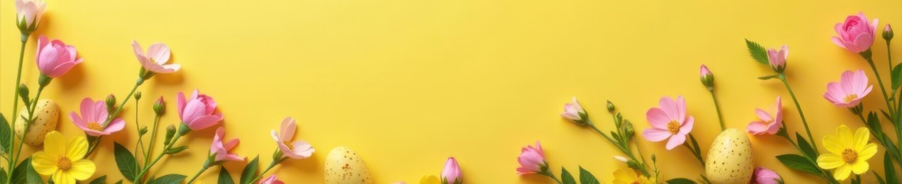 Pastel yellow background strewn with pink and yellow primroses and speckled Easter eggs , bright, floral design, botanical